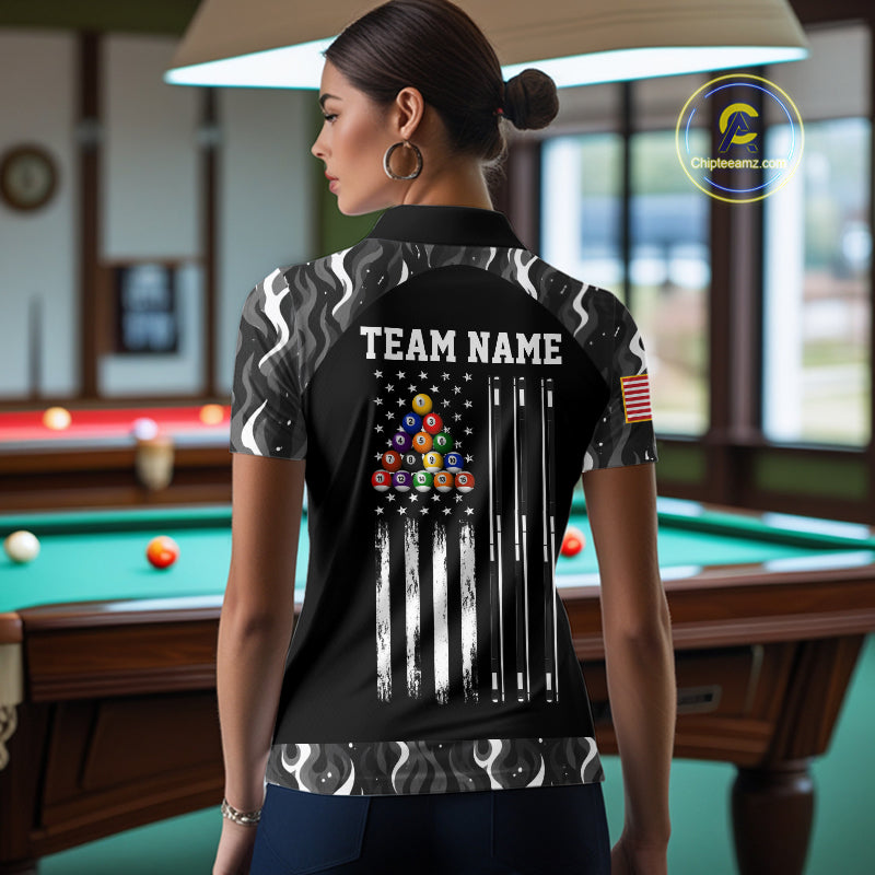 Custom Vintage Camo Flame US Flag Billiard Shirt For Women, 8 Ball Pool Team Jersey Polo & 1/4 Zip TDM7828
