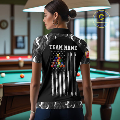 Custom Vintage Camo Flame US Flag Billiard Shirt For Women, 8 Ball Pool Team Jersey Polo & 1/4 Zip TDM7828