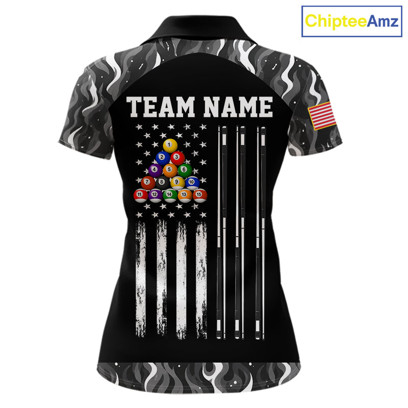 Custom Vintage Camo Flame US Flag Billiard Shirt For Women, 8 Ball Pool Team Jersey Polo & 1/4 Zip TDM7828
