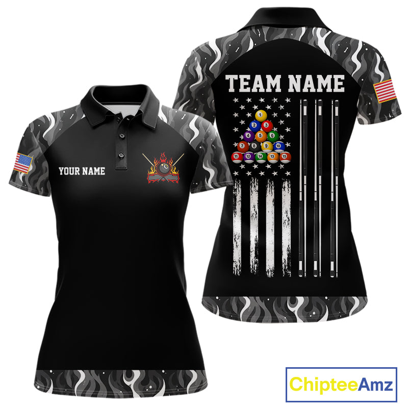 Custom Vintage Camo Flame US Flag Billiard Shirt For Women, 8 Ball Pool Team Jersey Polo & 1/4 Zip TDM7828