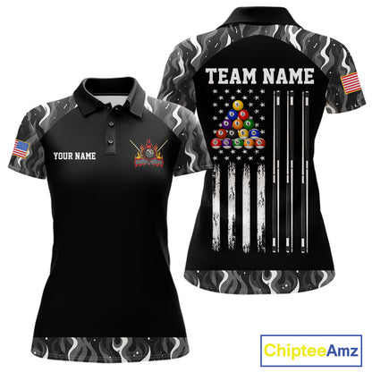 Custom Vintage Camo Flame US Flag Billiard Shirt For Women, 8 Ball Pool Team Jersey Polo & 1/4 Zip TDM7828