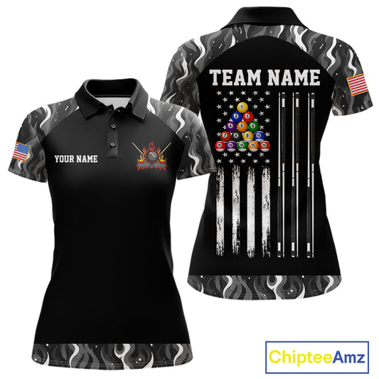 Custom Vintage Camo Flame US Flag Billiard Shirt For Women, 8 Ball Pool Team Jersey Polo & 1/4 Zip TDM7828