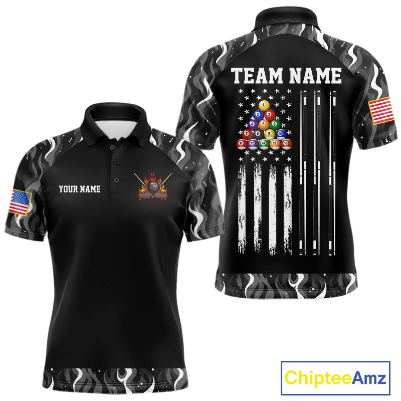 Custom Vintage Camo Flame US Flag Billiard Shirt For Men, 8 Ball Pool Team Jersey Polo & 1/4 Zip TDM7828