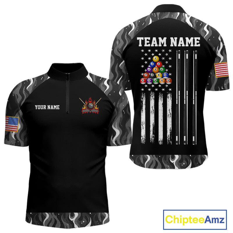 Custom Vintage Camo Flame US Flag Billiard Shirt For Men, 8 Ball Pool Team Jersey Polo & 1/4 Zip TDM7828