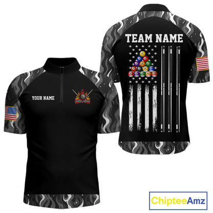Custom Vintage Camo Flame US Flag Billiard Shirt For Men, 8 Ball Pool Team Jersey Polo & 1/4 Zip TDM7828