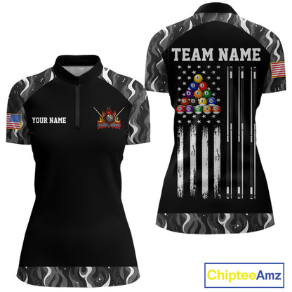 Custom Vintage Camo Flame US Flag Billiard Shirt For Women, 8 Ball Pool Team Jersey Polo & 1/4 Zip TDM7828
