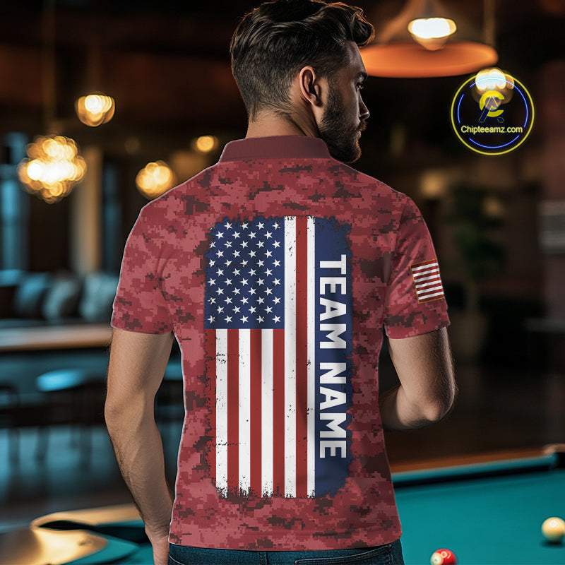 Personalized Red Camo Skull Billiard Shirt For Men Custom Patriotic US Flag Pool Team Jersey TDM5165