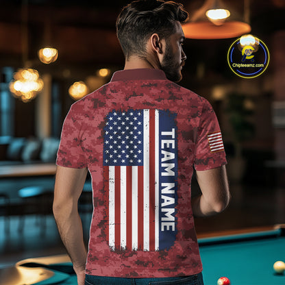 Personalized Red Camo Skull Billiard Shirt For Men Custom Patriotic US Flag Pool Team Jersey TDM5165