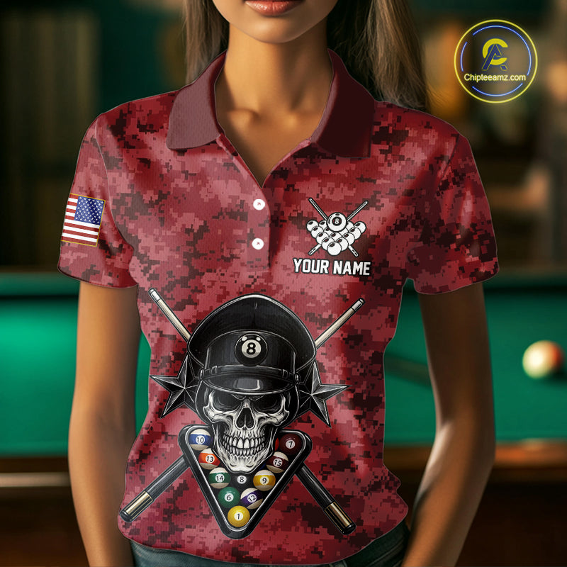 Personalized Red Camo Skull Billiard Shirt For Women Custom Patriotic US Flag Pool Team Jersey TDM5165