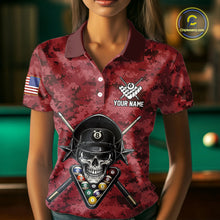 Load image into Gallery viewer, Personalized Red Camo Skull Billiard Shirt For Women Custom Patriotic US Flag Pool Team Jersey TDM5165