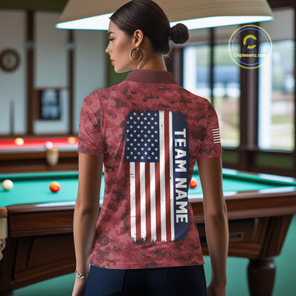 Personalized Red Camo Skull Billiard Shirt For Women Custom Patriotic US Flag Pool Team Jersey TDM5165
