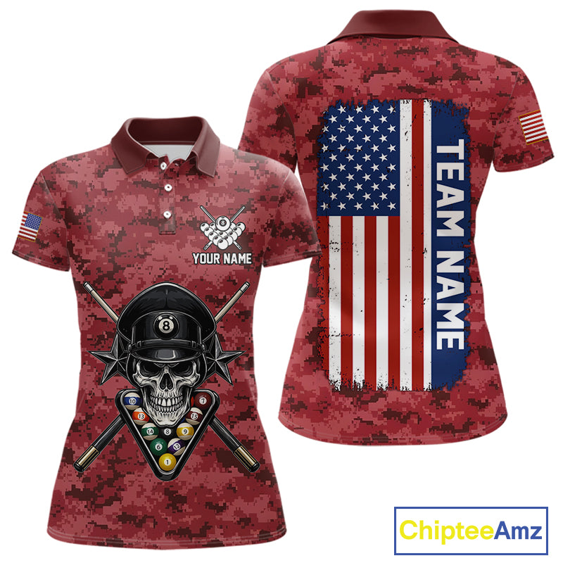 Personalized Red Camo Skull Billiard Shirt For Women Custom Patriotic US Flag Pool Team Jersey TDM5165
