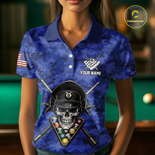 Load image into Gallery viewer, Personalized Blue Camo Skull Billiard Shirt For Women Custom Patriotic US Flag Pool Team Jersey TDM5166