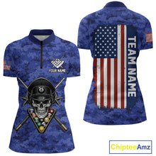 Load image into Gallery viewer, Personalized Blue Camo Skull Billiard Shirt For Women Custom Patriotic US Flag Pool Team Jersey TDM5166
