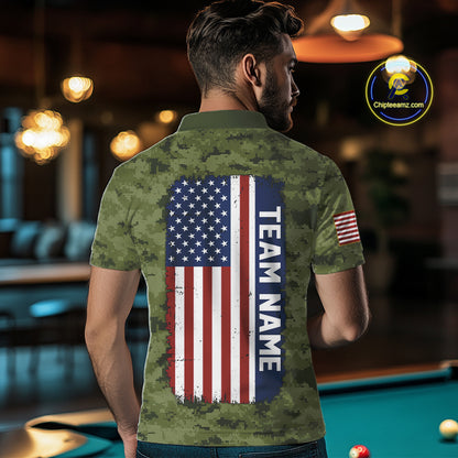 Personalized Military Green Camo Skull Billiard Shirt For Men, Patriotic US Flag Pool Team Jersey TDM5167