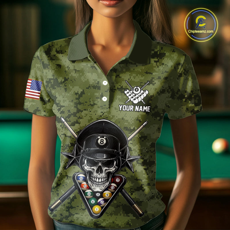 Personalized Military Green Camo Skull Billiard Shirt For Men, Patriotic US Flag Pool Team Jersey TDM5167