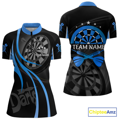 Black And Blue Darts Jersey For Women Custom Team Polo & Quarter Zip Darts Shirt Uniform TDM5411