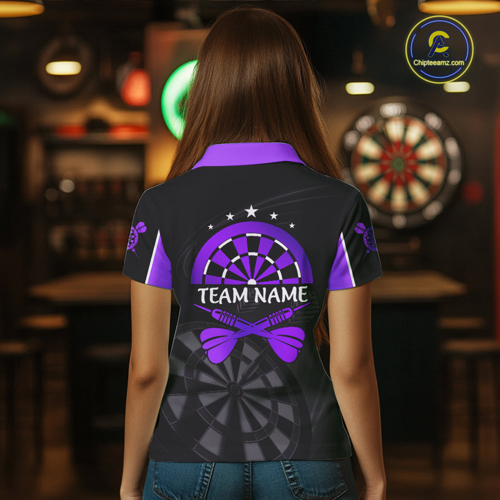 Black And Purple Darts Jersey For Women Custom Team Polo & Quarter Zip Darts Shirt Uniform TDM5412