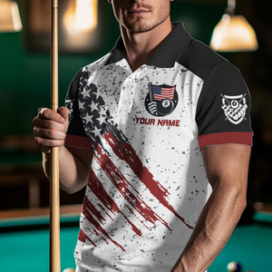 Black White Grunge American Flag Custom Billiard Shirts For Men, Patriotic Team Player Pool Jerseys TDM3405