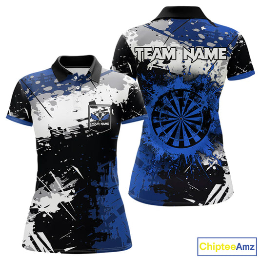 Custom Blue Grunge Darts Shirt With Pocket Option For Women, Dart Team Jersey TDM3538
