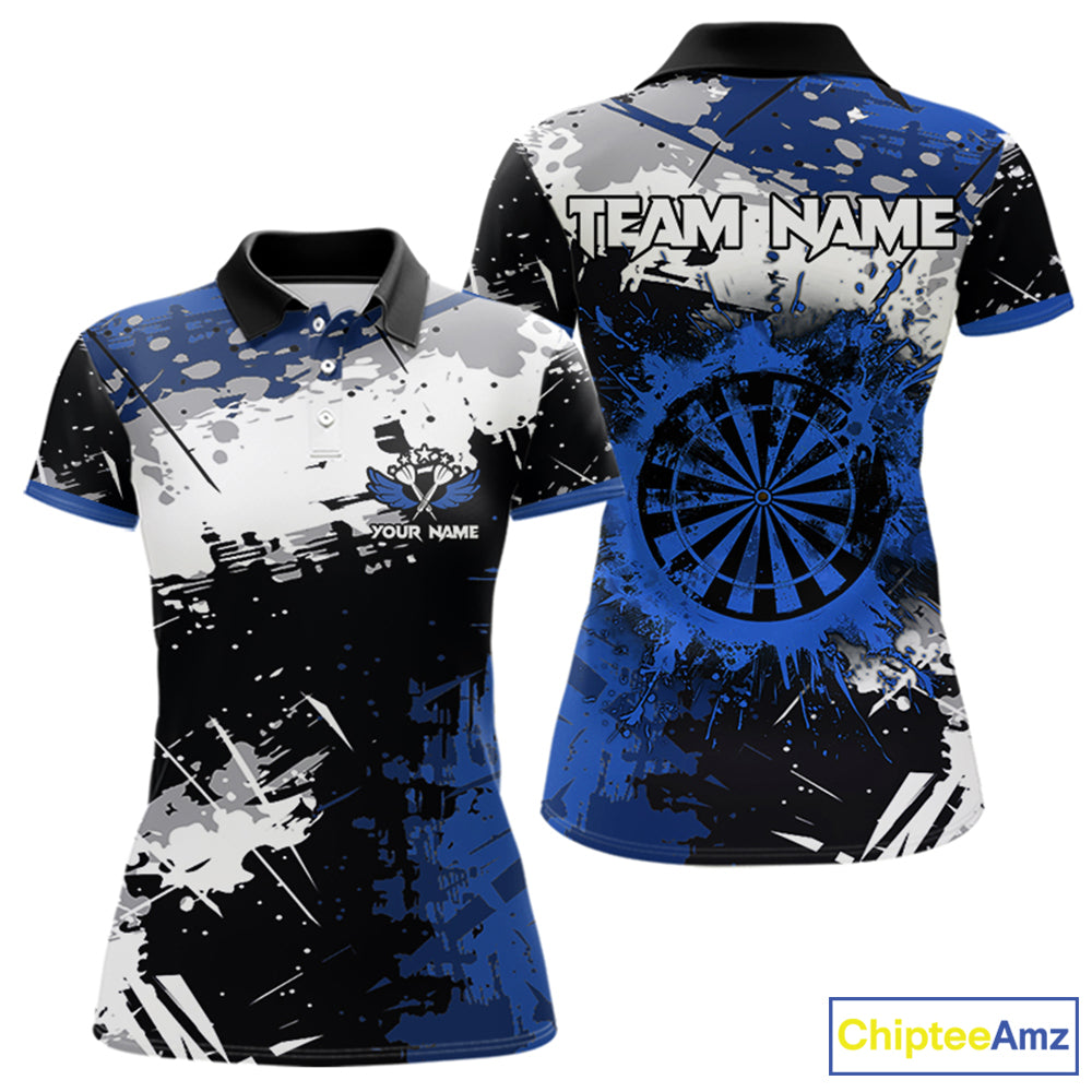 Custom Blue Grunge Darts Shirt With Pocket Option For Women, Dart Team Jersey TDM3538