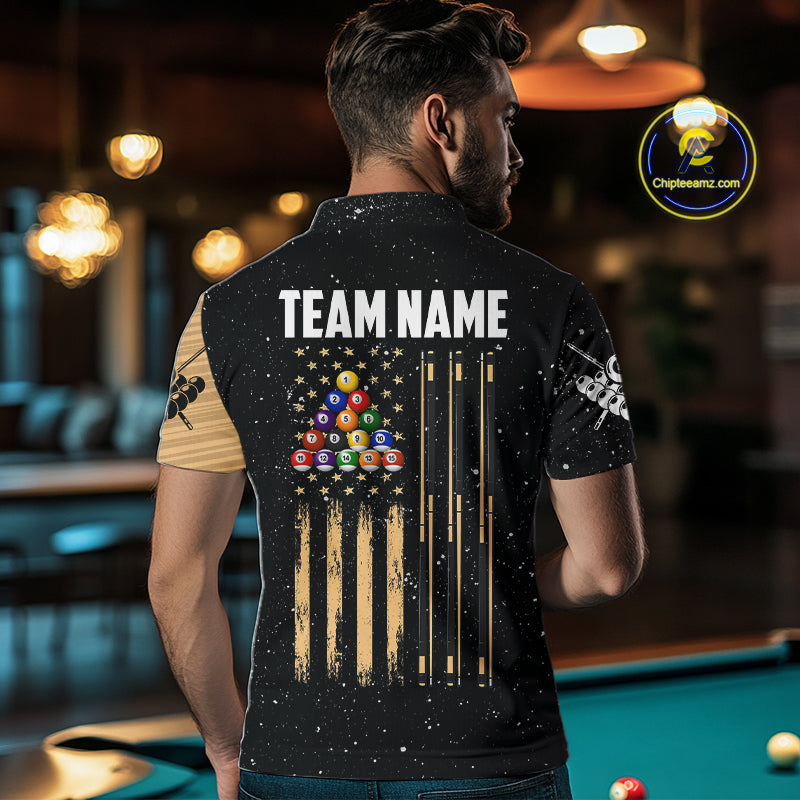 Custom Grunge American Flag 8 Ball Billiard Polo & 1/4 Zip For Men, Pool Team Jersey |Beige TDM5901