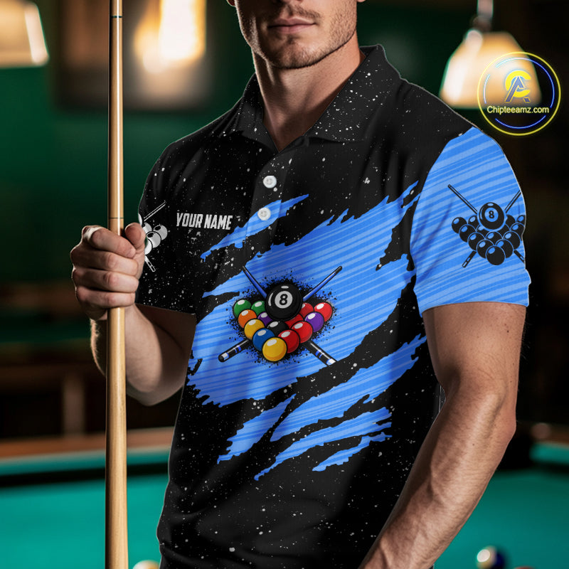 Custom Grunge American Flag 8 Ball Billiard Polo & 1/4 Zip For Men, Pool Team Jersey |Blue TDM5902