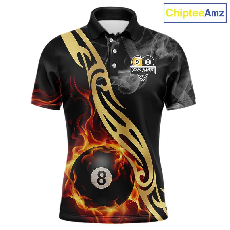 8 Ball & 9 Ball Flame Smoke Tribal Billiard Shirt For Men Custom Pool Team Jersey Polo & 1/4 Zip TDM5907