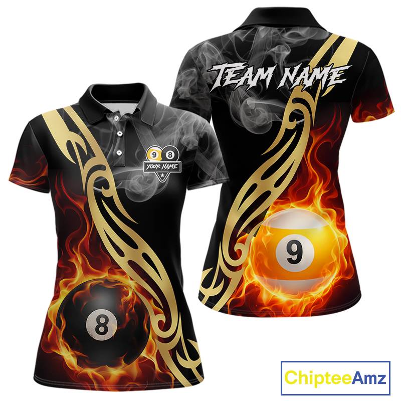 8 Ball & 9 Ball Flame Smoke Tribal Billiard Shirt For Women Custom Pool Team Jersey Polo & 1/4 Zip TDM5907