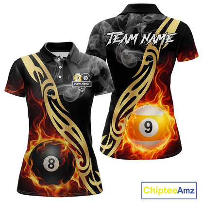 8 Ball & 9 Ball Flame Smoke Tribal Billiard Shirt For Women Custom Pool Team Jersey Polo & 1/4 Zip TDM5907