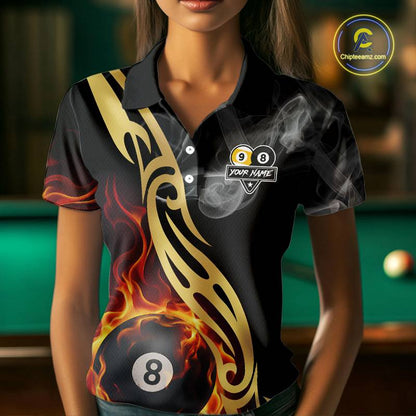 8 Ball & 9 Ball Flame Smoke Tribal Billiard Shirt For Women Custom Pool Team Jersey Polo & 1/4 Zip TDM5907