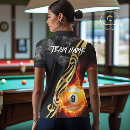 8 Ball & 9 Ball Flame Smoke Tribal Billiard Shirt For Women Custom Pool Team Jersey Polo & 1/4 Zip TDM5907