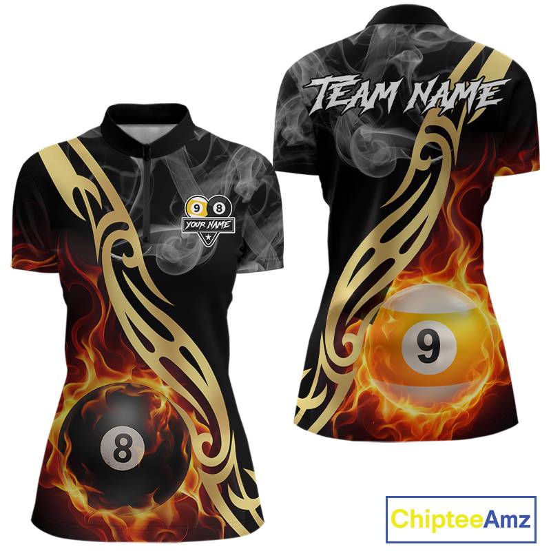 8 Ball & 9 Ball Flame Smoke Tribal Billiard Shirt For Women Custom Pool Team Jersey Polo & 1/4 Zip TDM5907