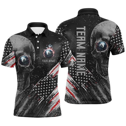 Personalized Billiard Skull 8 Ball Pool Smoke US Flag Men Polo Shirts, Patriotic Billiards Outfit TDM1208