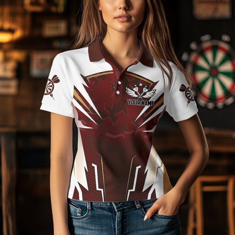 Personalized Wine Red And White Dart Shirts For Women Custom Team Darts Jerseys Polo & Quarter Zip TDM3701