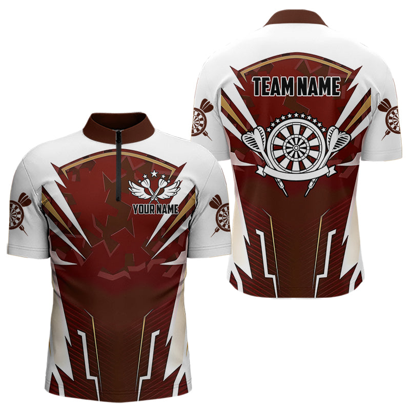 Personalized Wine Red And White Dart Shirts For Men Custom Team Darts Jerseys Polo & Quarter Zip TDM3701