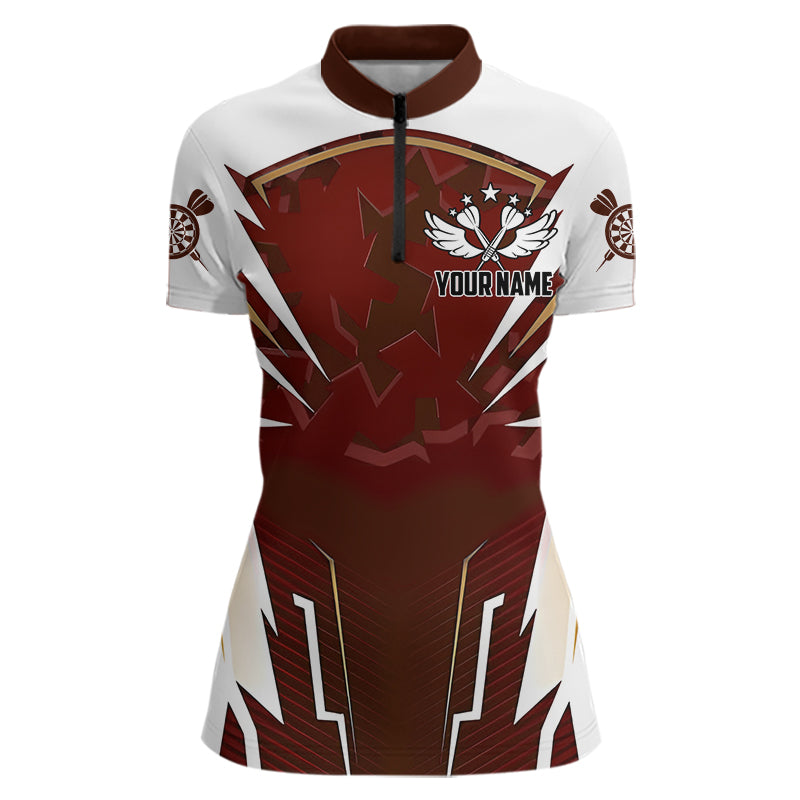 Personalized Wine Red And White Dart Shirts For Women Custom Team Darts Jerseys Polo & Quarter Zip TDM3701