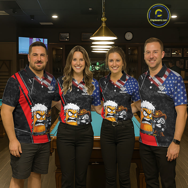 Funny Beer US Flag 8 Ball Pool Billiard Shirt For Men Custom Billiard Team Jersey Polo & 1/4 Zip TDM6047