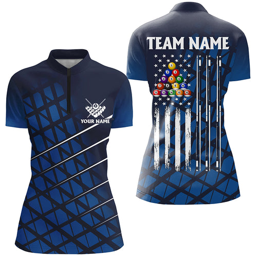 Blue Grunge American Flag Women Billiard Quarter-Zip Shirts Custom Pool Player Jersey Shirt TDM1415