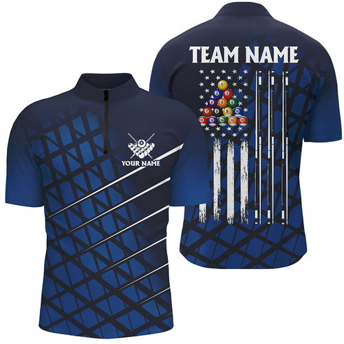 Blue Grunge American Flag Men Billiard Quarter-Zip Shirts Custom Pool Player Jersey Shirt TDM1415
