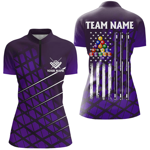 Purple Grunge American Flag Women Billiard Quarter-Zip Shirt Custom Pool Player Jersey Shirt TDM1416