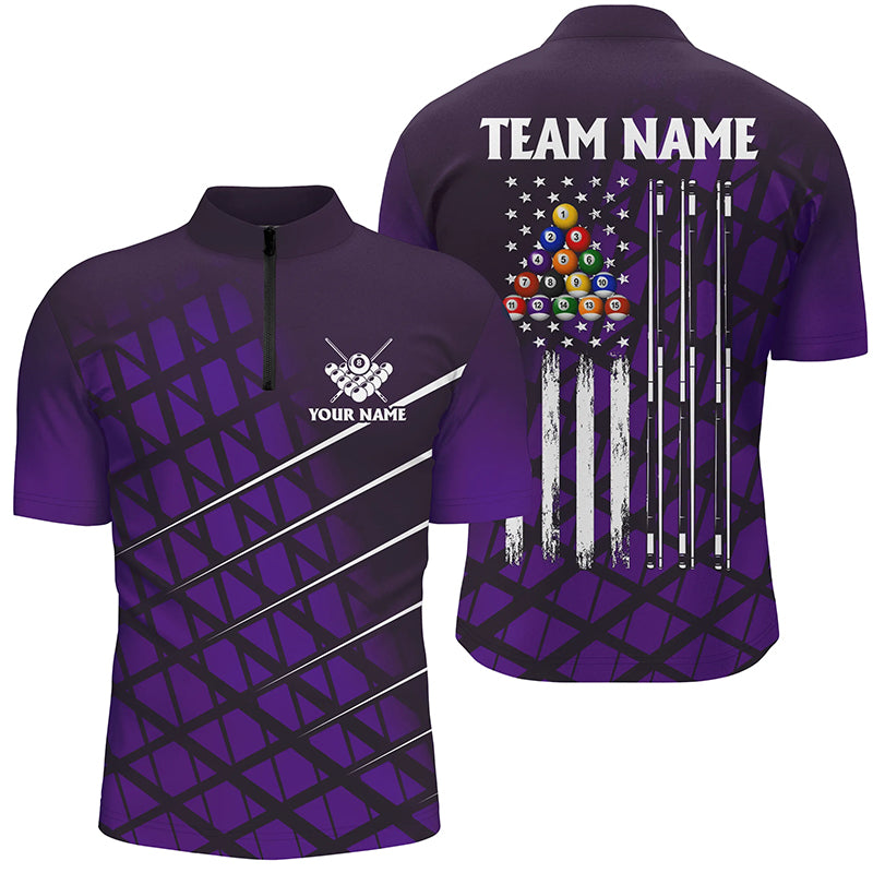 Purple Grunge American Flag Men Billiard Quarter-Zip Shirt Custom Pool Player Jersey Shirt TDM1416