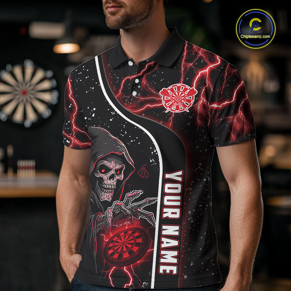 Personalized Red Darts Lightning Grim Reaper Polo & 1/4 Zip, Darts Shirt For Men, Dart Team Jersey TDM6307