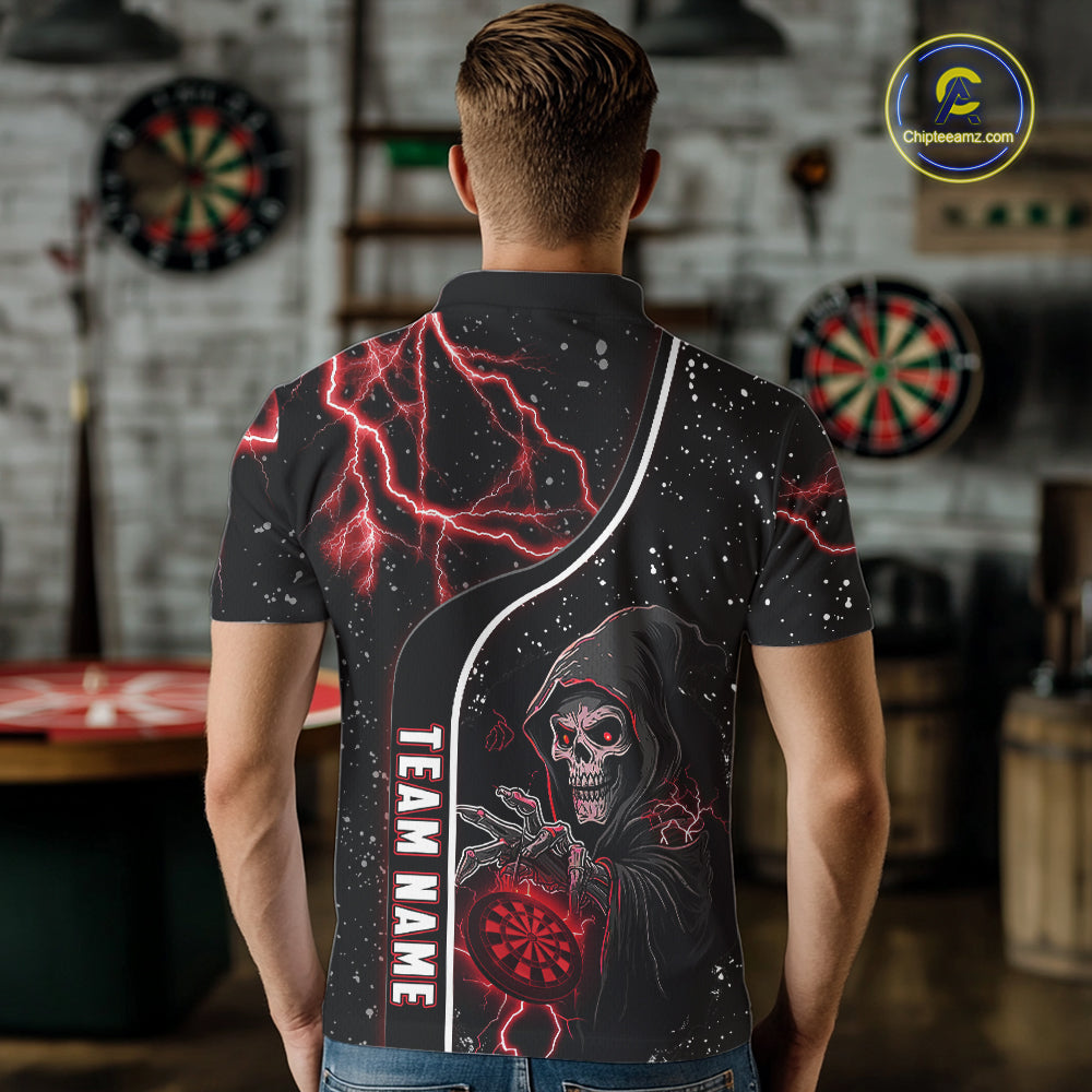 Personalized Red Darts Lightning Grim Reaper Polo & 1/4 Zip, Darts Shirt For Men, Dart Team Jersey TDM6307