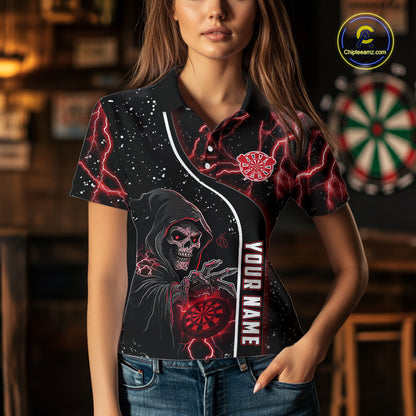 Personalized Red Darts Lightning Grim Reaper Polo & 1/4 Zip, Darts Shirt For Women, Dart Team Jersey TDM6307