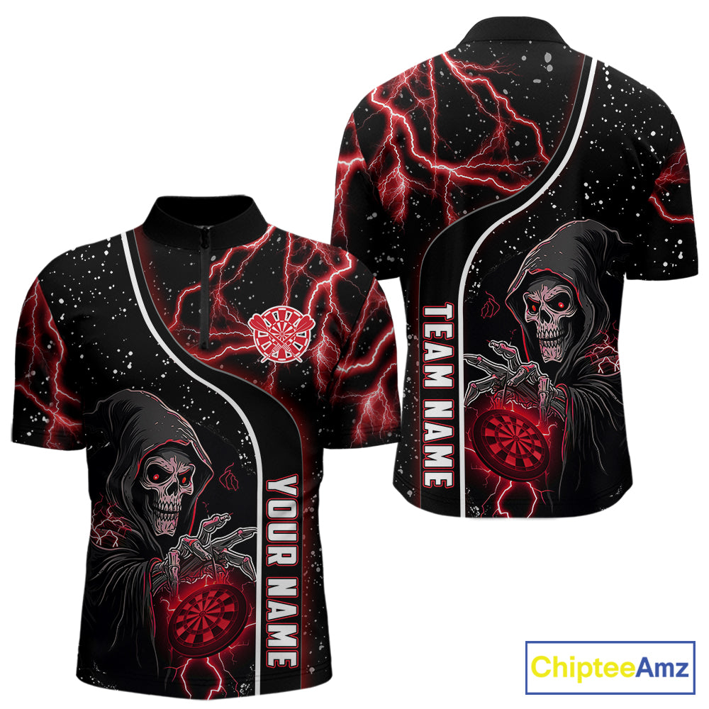Personalized Red Darts Lightning Grim Reaper Polo & 1/4 Zip, Darts Shirt For Men, Dart Team Jersey TDM6307