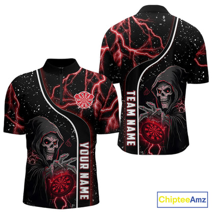 Personalized Red Darts Lightning Grim Reaper Polo & 1/4 Zip, Darts Shirt For Men, Dart Team Jersey TDM6307