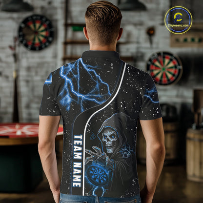 Custom Blue Darts Lightning Grim Reaper Polo & 1/4 Zip, Darts Shirt For Men, Darts Team Jersey TDM6308