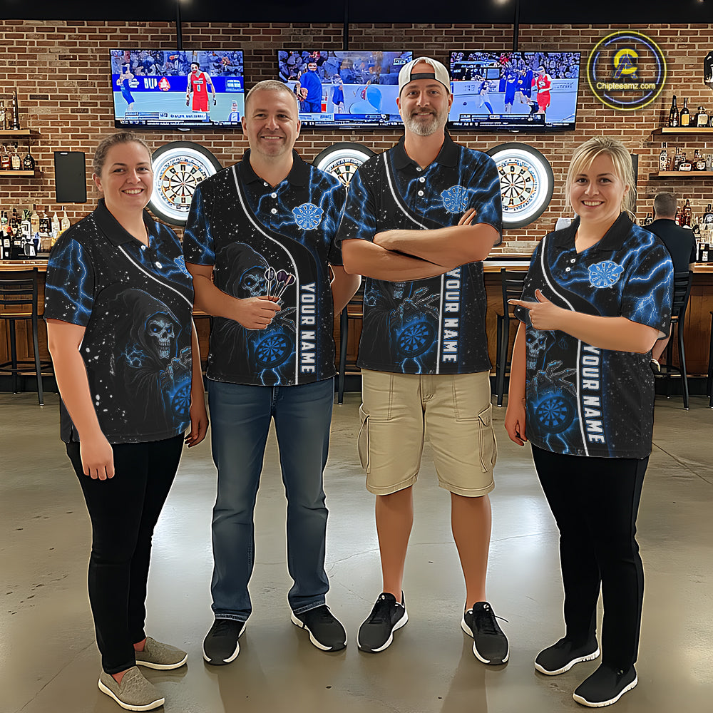 Custom Blue Darts Lightning Grim Reaper Polo & 1/4 Zip, Darts Shirt For Women, Darts Team Jersey TDM6308