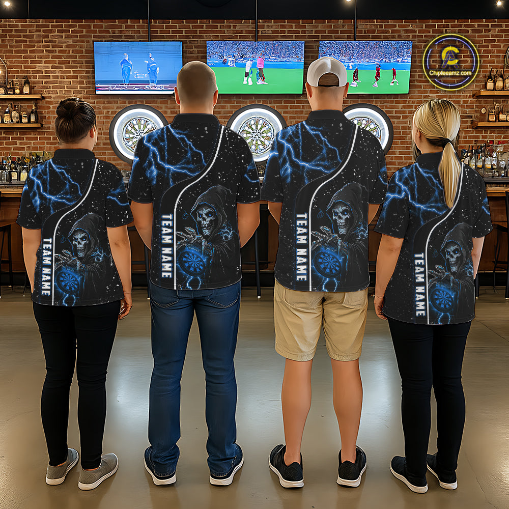 Custom Blue Darts Lightning Grim Reaper Polo & 1/4 Zip, Darts Shirt For Women, Darts Team Jersey TDM6308